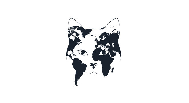 Cat face silhouette with world map overlay on white background