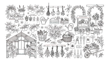 Obraz premium Vintage garden line art collection, hand drawn greenhouse and gardening tools vector set, rustic botanical sketches for coloring book and floral design