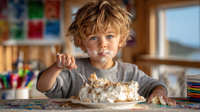 Little child with messy face eating large slice of cake at kitchen table for banner and food lifestyle background