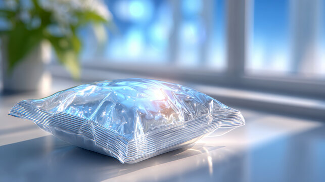 Single clear cooling gel pack on sunlit table for therapy and pain relief closeup background