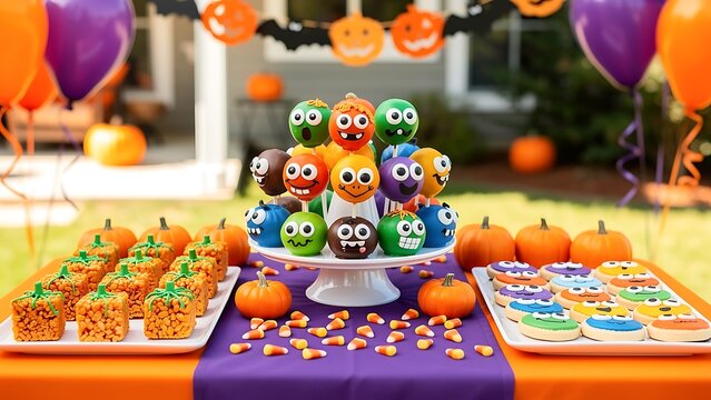 Halloween party table with decorated cake pop monster and sweet treat. Fun festive dessert display with pumpkin and candy corn for trick or treat celebration. Seasonal food decor.