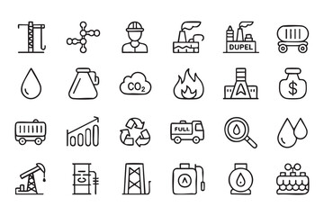 Fototapeta premium Industrial Energy Outline Icons Featuring Oil Barrel Gas Pipeline and Factory