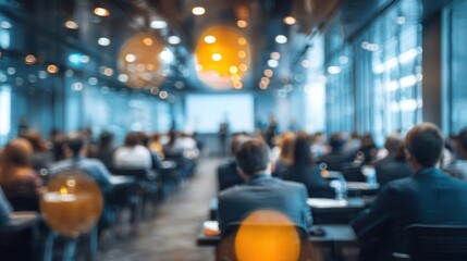 Fototapeta premium Blurred conference audience and presenter with warm lighting