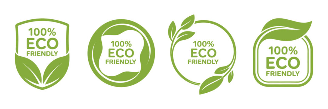 Eco Friendly Food Labels Vector Set, Organic Natural Product Stamps and Ecologic Icons for Sustainable Branding and Packaging