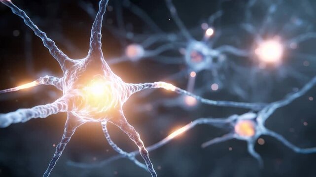 Glowing neuron network with brain cells and neural connections in dark background