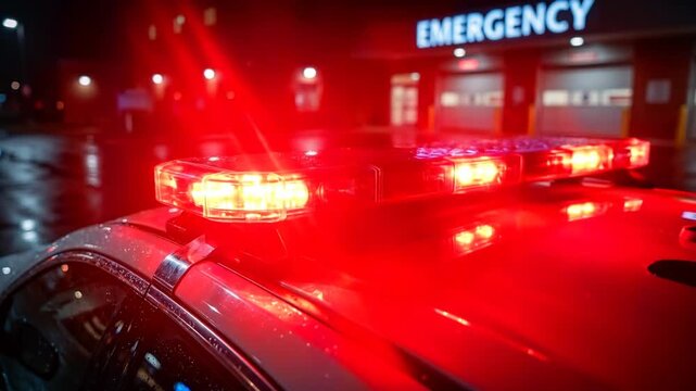 Ambulance arrives at hospital emergency unit at night during rainy weather