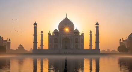 Naklejka premium Golden light of dawn casts a sublime glow upon the architectural marvel of the Taj Mahal, creating a magnificent reflection in the calm water, a symbol of enduring beauty and heritage