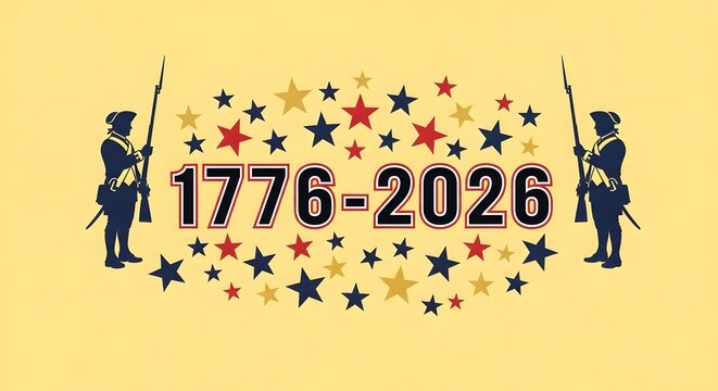 American revolution bicentennial celebration graphic with colonial soldiers and stars
