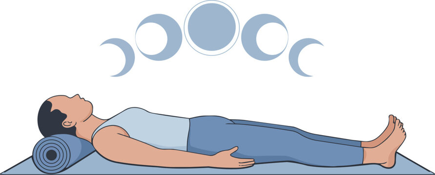 Woman practicing yoga, supine pose with moon phases above her illustration.