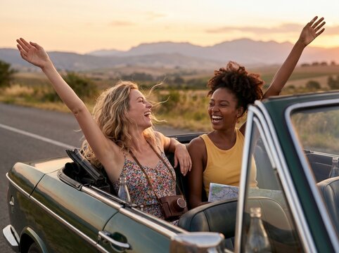 Diverse Female Best Friends Laughing with Raised Arms on Summer Road Trip - True Freedom