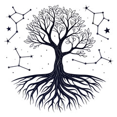Stylized tree of life illustration with celestial constellations and stars constellation astronomy spiritual illustration celestial botanical © Atiqur