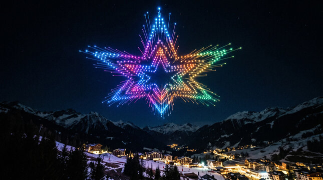Bright drone light show star formation over snowy mountain village.