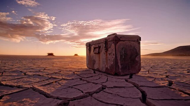 Abandoned rustic container on cracked earth at sunset