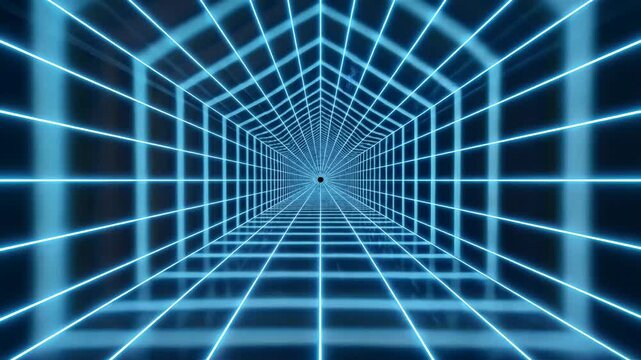 Abstract 3 d blue neon wireframe tunnel with perspective lines and grid pattern