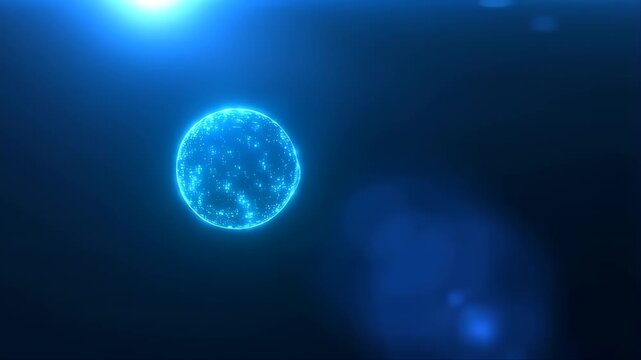 Spheres of Glowing Data Orbit in a Dark Futuristic Network Space with Light Trails and Digital Particles