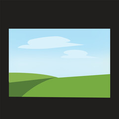 Fototapeta premium Minimalist green hills landscape vector with blue sky and clouds cartoon background