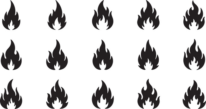 Large collection of fifteen black fire flame silhouette icons in different shapes and styles isolated on a white background. Professional vector set for logos and graphic design.