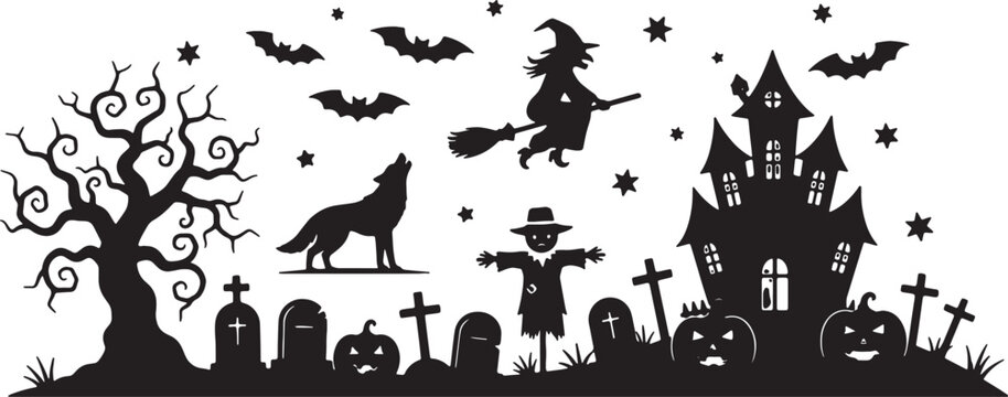 Black silhouette Halloween illustration with a haunted house, flying witch on broomstick, spooky tree, graveyard tombstones, howling wolf, scarecrow, bats, and jack-o-lantern pumpkins.
