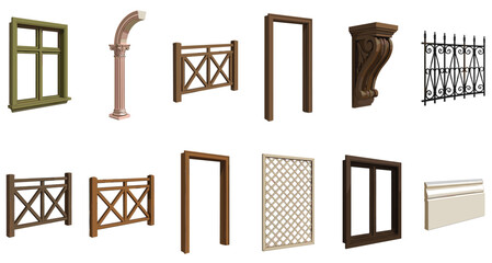 Collection of architectural elements including windows, columns, railings, doors, corbels, and decorative panels on white background © Anonto