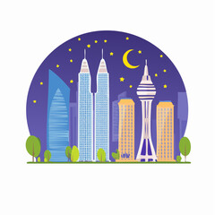 Fototapeta premium Modern city skyline at night with moon and stars in minimalist vector illustration