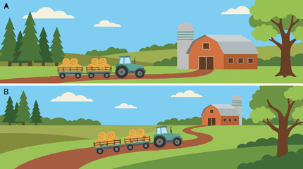 Rural landscape with tractor pulling hay bales past a barn and trees © Mountain Top Studio