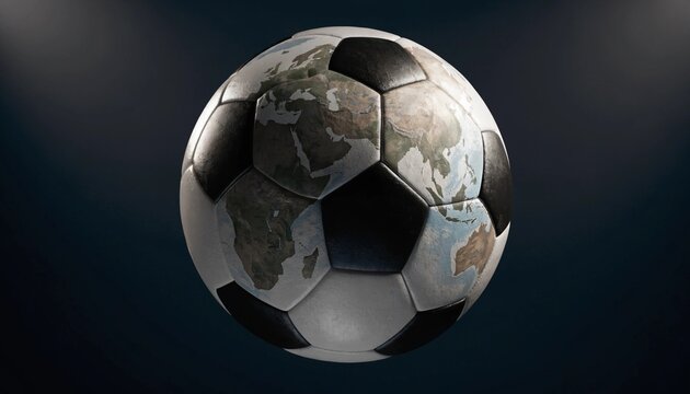 Photorealistic generic physical world map printed on a soccer ball for a global tournament concept showcasing continents and oceans under professional studio lighting with sharp detail and focus.