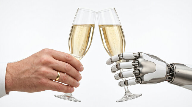 Bionik Bionics Biomechanisch Biorobotics Ringtausch Bioroboter Trauung wedding toast. Hochzeit der Zukunft. Mensch und Bioroboter sto&szlig;en mit Champagner an