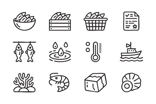 Marine Food Industry Line Icons for Fishing Market and Seafood Business