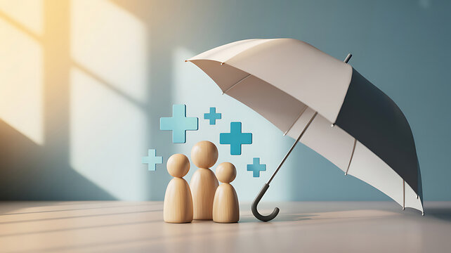 A family of three people standing under an umbrella with blue medical crosses floating above them in a room with a window