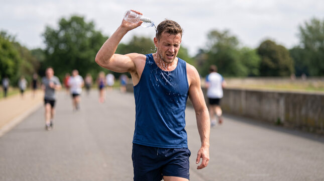 A male runner cools down by pouring water over his head after a strenuous run on a hot day, with other runners in the background.