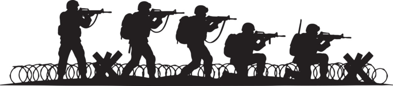 Silhouette illustration of a group of five military soldiers in tactical gear and helmets aiming rifles behind barbed wire and anti-tank obstacles, combat infantry squad.