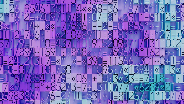 Vibrant Geometric Composition of Overlapping Shapes and Numbers in Shades of Purple and Blue on a Gradient Background, Ideal for Abstract Art and Digital Design Applications