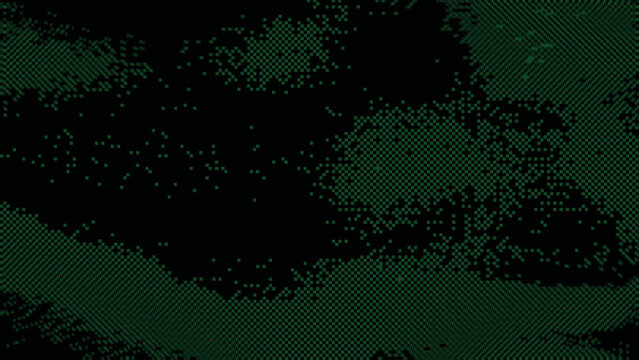 Green 8bit pixel glitch texture with digital scanline artifacts on black background. Signal corruption overlay with dithered noise for retro gaming poster and electronic music event design.