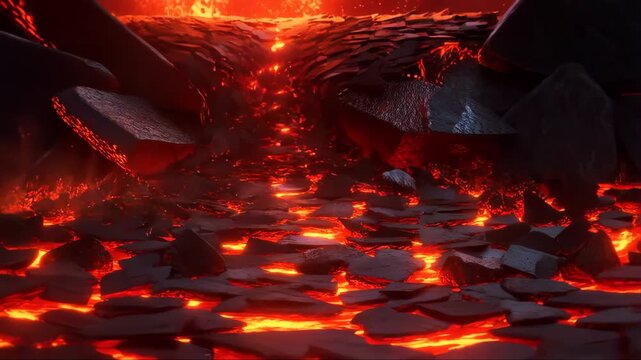 Volcanic Lava Glow with Glowing Cracks and Embers, Flowing Through Dark Rock Crevices in Dramatic Fiery Eruption Scene