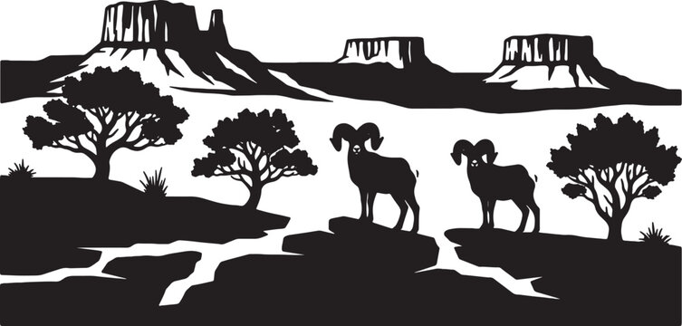 Silhouette illustration of two bighorn sheep rams standing on rocky desert cliffs with mesa buttes and scrub trees in the background, black and white minimalist graphic art.