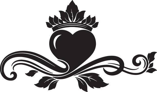 Black silhouette illustration of an ornate heart topped with a leafy crown, featuring elegant decorative floral scrolls and filigree leaf accents, isolated on white background.