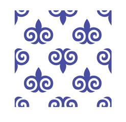 Naklejka premium Traditional Kyrgyz ornament seamless pattern with blue folk inverted motif and central asian nomad element on white for notebook cover art
