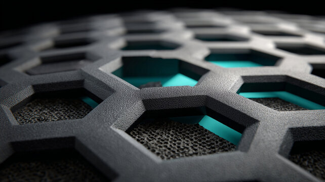 Textured black hexagonal grille with teal backlighting and honeycomb foam visible through openings, dramatic close up with shallow depth of field