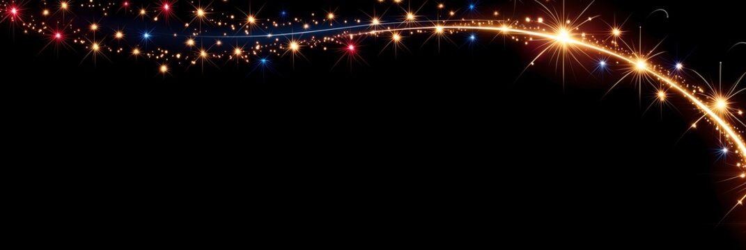 Curved golden sparkling firework trail with multicolored star sparkles on solid black base, optimized for holiday event banner, new year celebration flyer header, USA 4th July Independence Day