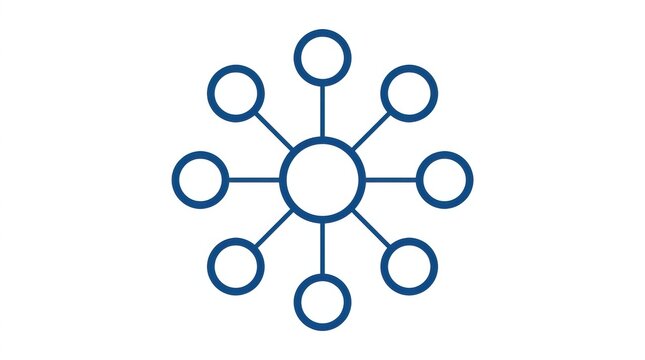 Minimalist network diagram icon, blue circular hub and spoke connection symbol, digital infrastructure and data distribution concept on white background