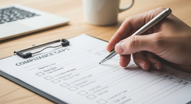 Hand marking compliance gaps on a detailed checklist document for business analysis