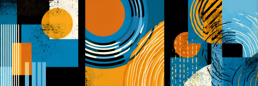 A vibrant triptych abstract artwork. It uses bold shapes, textures, and a color palette of blue, orange, and black, creating a sense of balance