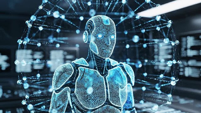 Futuristic glowing robot surrounded by digital network connections in modern technology environment