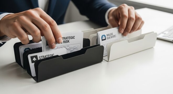 Professional hands sorting strategic risk documents and business cards on a modern desk