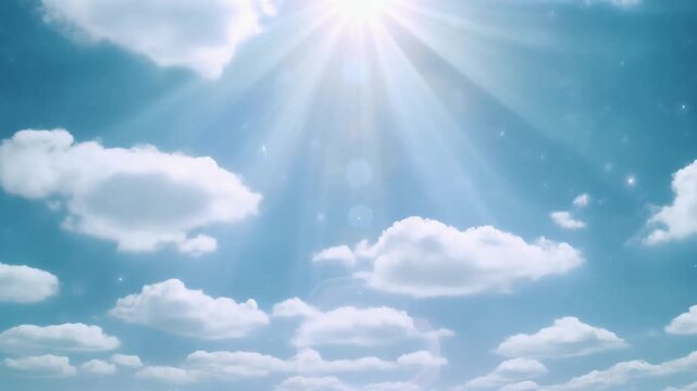 Radiant sunshine shining through soft clouds drifting across vast azure sky for peaceful atmospheric backdrop