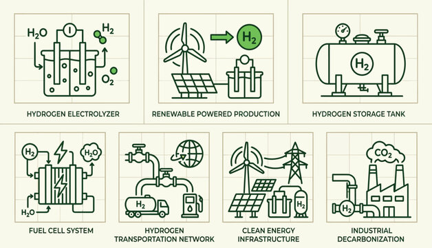 Hydrogen energy production loop with water electrolysis and fuel cell stack power generation outline vector illustration graphics