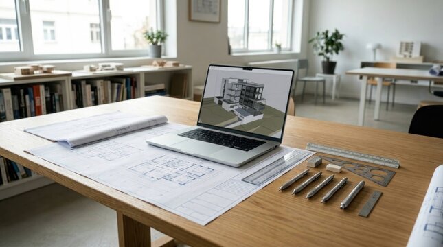 Architectural workspace with laptop displaying building plans and blueprints on a wooden desk.