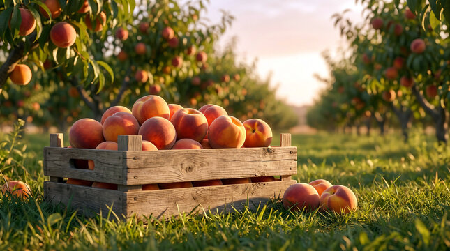 Wooden Crate Filled with Fresh Peaches in Orchard During Golden Hour Harvest Season