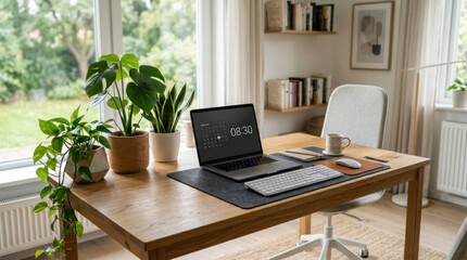 Fototapeta premium Modern Home Office Setup with Laptop and Green Plants by a Bright Window.