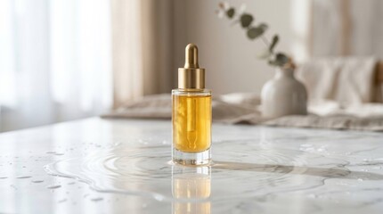 Naklejka premium Golden Serum Dropper Bottle on Marble Table with Water Drops.